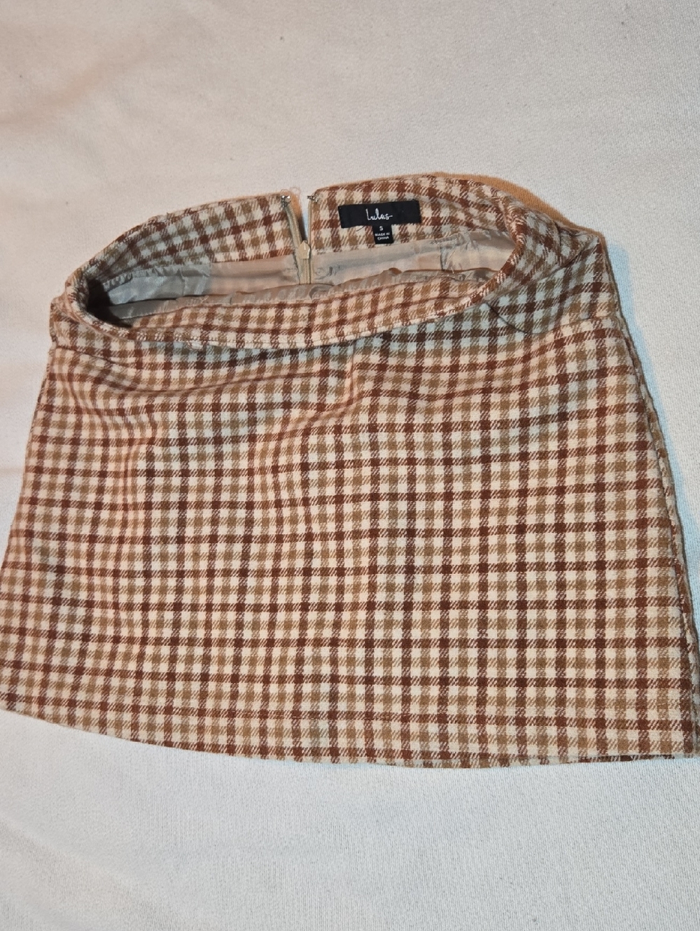 Lulu's Tan & Cream Plaid Mini Skirt with Subtle Brown Check